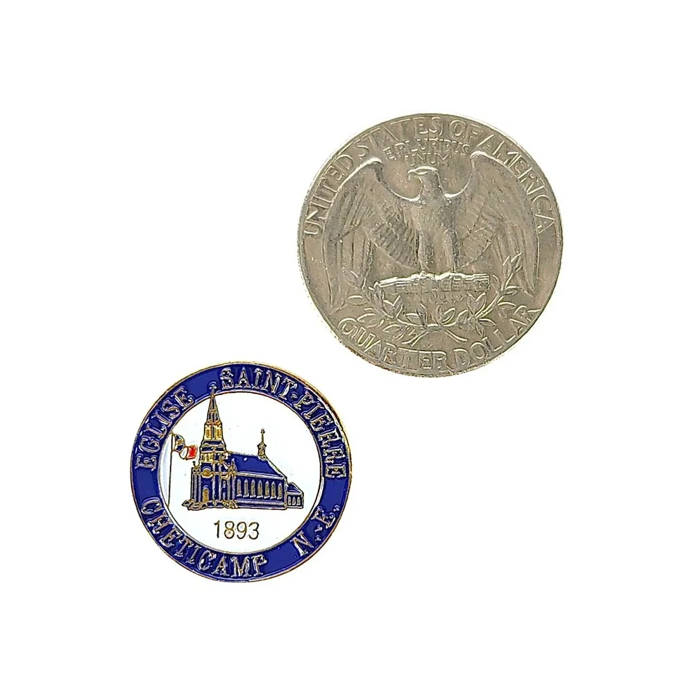 Vintage Eglise Saint-Pierre Cheticamp N. E. Gold Tone Blue Enamel Lapel Pin